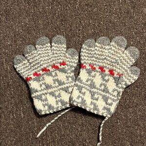 Cozy Gray and Red Knit Kids Gloves